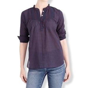 J. Crew Navy and Red Plaid Pintuck Peasant Blouse